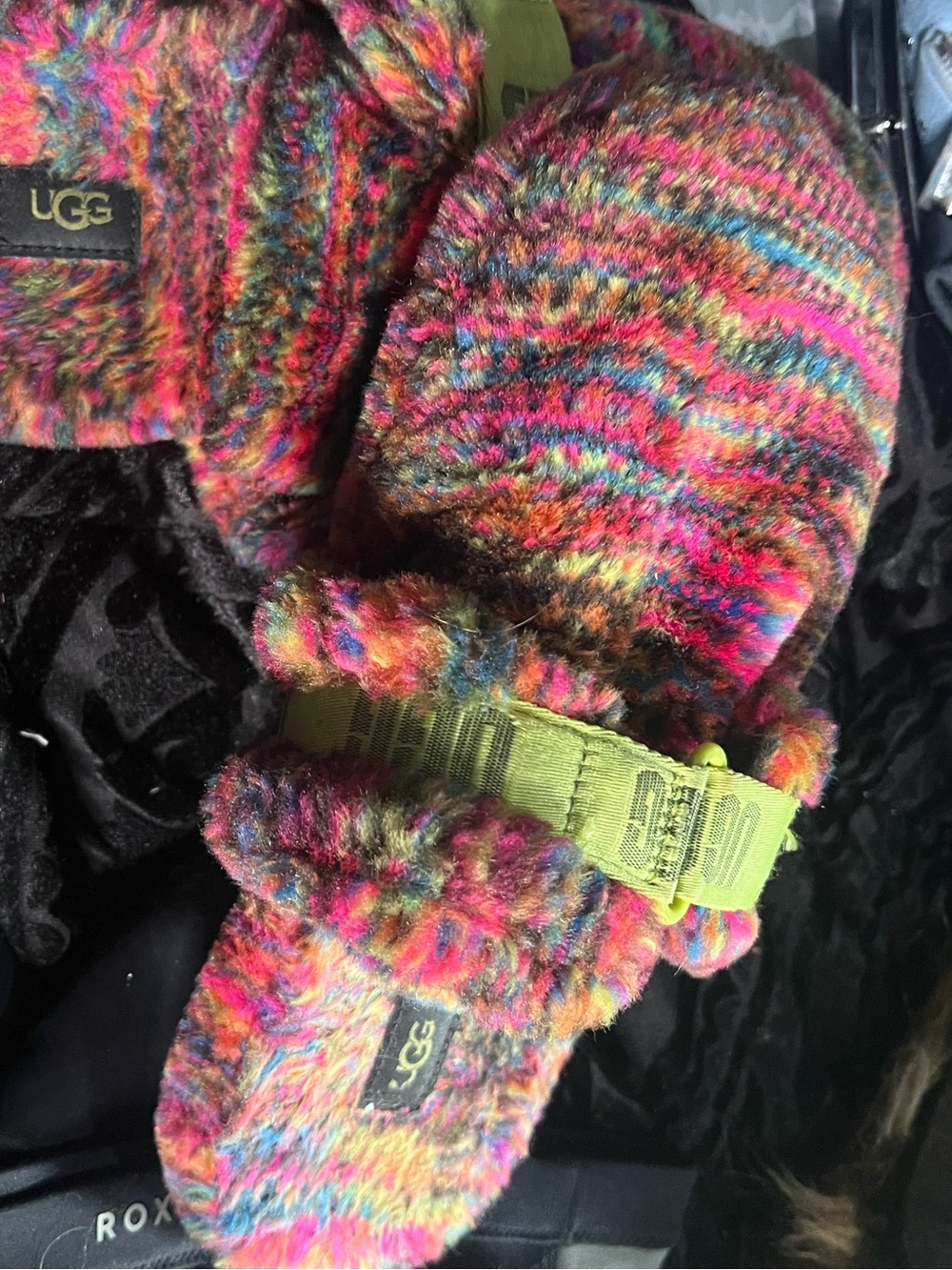 UGG Multicolor Knit Slippers with Neon Green Strap - Picture 2 of 4